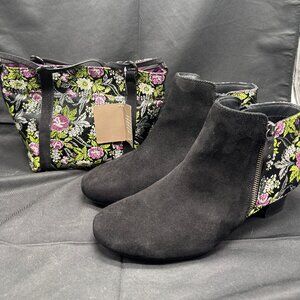 NWT Hotter Suede Leather Floral Brocade Ankle Boots & Matching Purse size 7.5